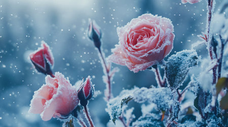 A close up of a rose covered in snow. The snow is covering the rose and the branches of the rose bush. Concept of stillness and tranquility, as the snow covers the flowers and the branchesの素材