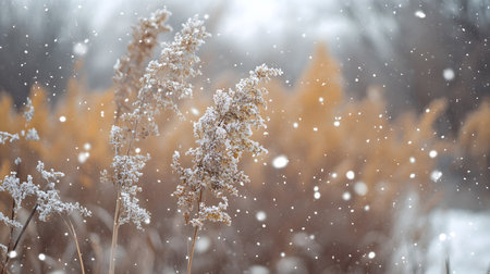 A field of snow covered plants with snowflakes falling on them. Concept of tranquility and peacefulness, as the snow covers the plants and creates a serene atmosphereの素材