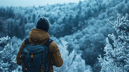 A man wearing a brown jacket and a blue backpack is standing in the snow. The snow is falling and the trees are covered in snow. The man is looking out at the snow-covered landscapeの素材