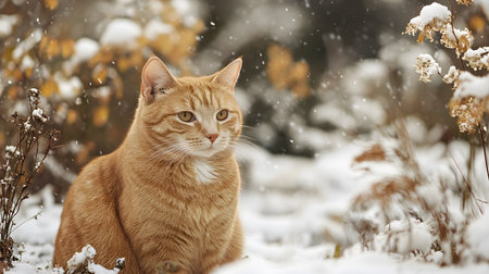 A cat is sitting in the snow, looking at the camera. The scene is peaceful and serene, with the cat being the main focusの素材