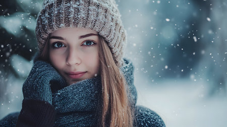 A woman wearing a hat and scarf is standing in the snow. She has a smile on her face and she is enjoying the winter weatherの素材
