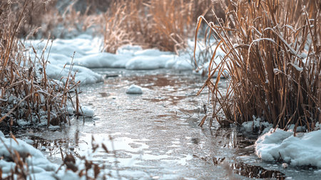 A frozen river with snow on the ground and a few plants. The water is still and calmの素材