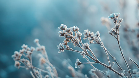 A close up of a field of flowers covered in frost. Concept of stillness and quietness, as the flowers are frozen in time. The blue sky in the background adds a touch of serenity to the sceneの素材