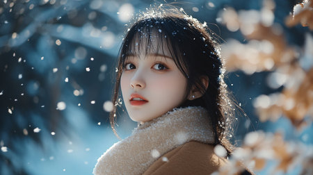 A woman with long hair and a scarf is standing in the snow. She has red lipstick on and her eyes are closedの素材