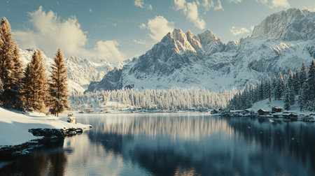 A beautiful snowy landscape with a lake and mountains in the background. The scene is peaceful and serene, with the snow-covered trees and the calm water reflecting the mountainsの素材