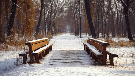 A snowy path with a wooden bridge and benches. The benches are empty and the snow is covering the ground. The scene is peaceful and serene, with the snow creating a quiet atmosphereの素材