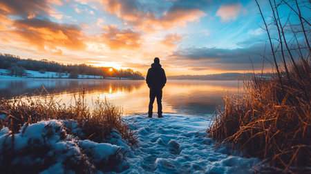 A man stands on a snow covered path near a body of water. The sky is a mix of orange and blue, and the sun is setting. The man is wearing a black jacket and he is alone. The scene is peacefulの素材