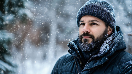 A man wearing a blue hat and a black coat is standing in the snow. He has a beard and a beard combの素材
