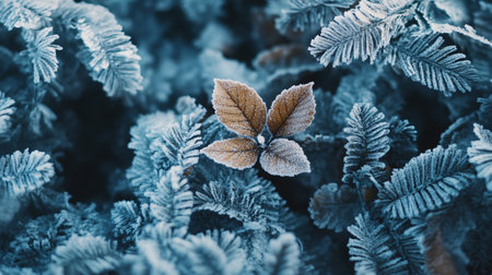 A leaf is covered in frost and is surrounded by other frosted leaves. Concept of stillness and tranquility, as the frosted leaves appear to be frozen in timeの素材
