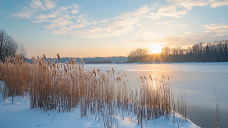 A beautiful winter scene with a lake and a field of tall grass. The sun is setting, casting a warm glow over the landscape. The water is frozen, and the grass is covered in snow. The scene is peacefulの素材