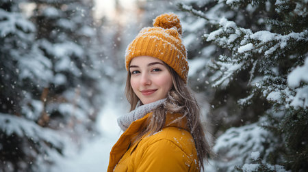 A woman wearing a yellow hat and a yellow jacket is standing in the snow. She is smiling and looking at the cameraの素材