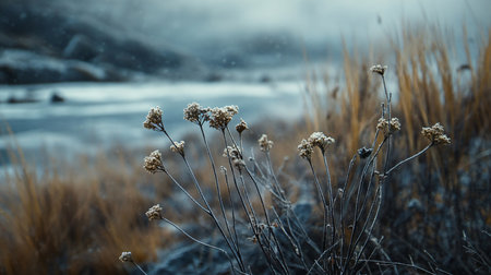 A field of grass with a few flowers in the foreground. The flowers are covered in frost and the grass is brownの素材