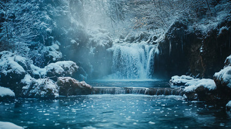 A frozen waterfall is shown in the snow. The water is still and calm, and the snow is covering the rocks and the ground. The scene is peaceful and serene, with the beauty of nature on displayの素材
