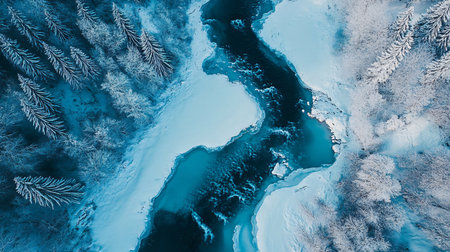 A blue river with trees in the background. The water is frozen and the trees are bare. The image has a serene and peaceful moodの素材