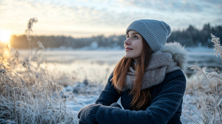 A woman wearing a hat and scarf sits in the snow by a body of water. She is smiling and she is enjoying the winter sceneryの素材