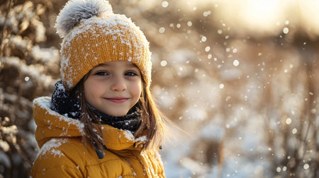 A young girl wearing a yellow hat and a yellow jacket is standing in the snow. She is smiling and looking at the cameraの素材