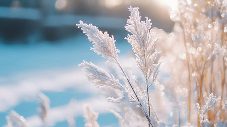 A field of grass covered in frost and snow. The grass is covered in ice and the sky is blueの素材