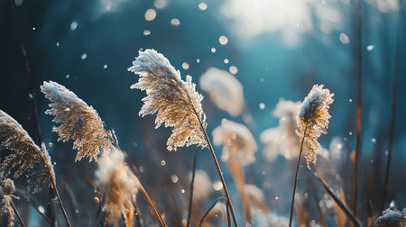 A field of grass covered in snow. The snow is covering the grass and the grass is blowing in the windの素材