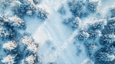 A snowy forest with trees covered in snow. The sky is clear and the sun is shining. The snow is white and the trees are bareの素材
