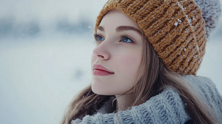 A woman wearing a hat and a sweater is looking at the camera. She has blue eyes and a smile on her faceの素材