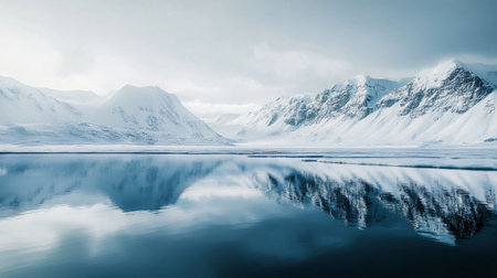 A beautiful blue lake with mountains in the background. The reflection of the mountains in the water creates a serene and peaceful atmosphereの素材