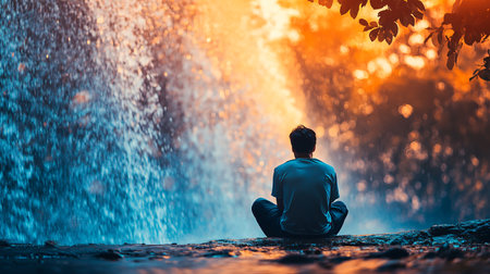 A man sits on a rock near a waterfall, looking out at the water. The scene is peaceful and serene, with the sound of the waterfall providing a calming background noise. The man is lost in thoughtの素材
