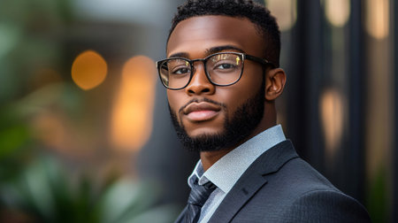 A man wearing glasses and a suit is standing in front of a plant. Concept of professionalism and sophistication, as the man is dressed in a business suit and wearing glassesの素材
