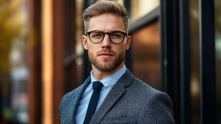 A man in a suit and tie stands in front of a building. He is wearing glasses and has a beardの素材