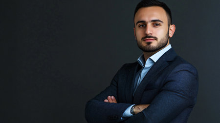 A man in a suit is standing in front of a dark background. He is wearing a blue shirt and a tieの素材