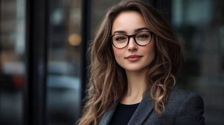 A woman with long brown hair and glasses is standing in front of a window. She is wearing a black jacket and a black shirtの素材