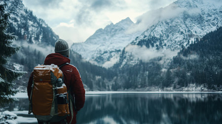 A man wearing a red jacket and a hat is standing by a lake. He is carrying a backpackの素材