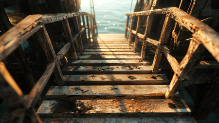 A wooden staircase leading to a dock. The stairs are old and worn, and the dock is surrounded by water. Scene is nostalgic and peacefulの素材