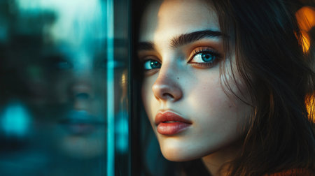 A woman with blue eyes and a red shirt is looking out a window. The window is reflecting the blue sky outsideの素材