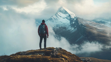A man stands on a mountain top with a backpack on. The sky is cloudy and the mountain is covered in snow. The man is taking in the beautiful scenery and enjoying the momentの素材