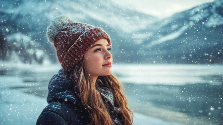 A woman wearing a red hat and scarf stands on a snowy lake. She looks out at the water and she is enjoying the winter sceneryの素材