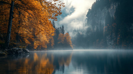 A beautiful lake with a foggy sky in the background. The trees surrounding the lake are full of leaves, creating a serene and peaceful atmosphereの素材