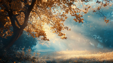 A tree with leaves in the foreground and a field in the background. The sun is shining through the leaves, creating a warm and peaceful atmosphereの素材