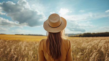 A woman wearing a straw hat stands in a field of tall grass. The sky is clear and the sun is shining brightly. The woman is enjoying the peaceful, natural settingの素材