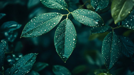 A leaf with water droplets on it. The leaf is green and the water droplets are smallの素材