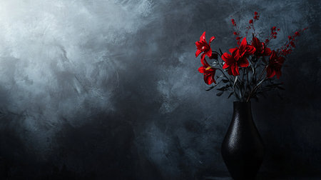 A vase of red flowers sits on a table in front of a wall. The flowers are in a black vase and the background is a dark blue wallの素材