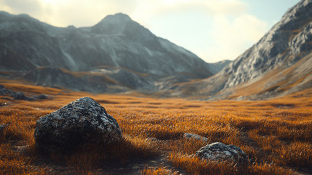 A large rock sits in the middle of a field of grass. The field is surrounded by mountains, creating a serene and peaceful atmosphere. The rock's presence in the field adds a sense of stabilityの素材