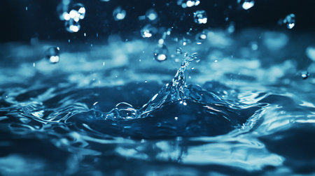 A drop of water falling into a body of water. The water is clear and calm. Concept of tranquility and peacefulnessの素材