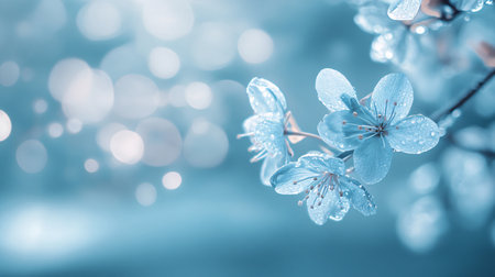 A blue flower with droplets of water on it. The flower is surrounded by a blurry backgroundの素材