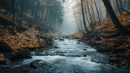 A stream of water flows through a forest. The water is clear and the trees are tallの素材