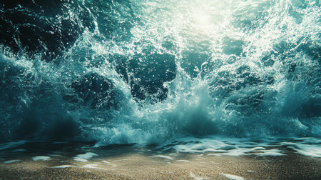 The ocean is rough and the waves are crashing. The water is blue and the sky is clearの素材