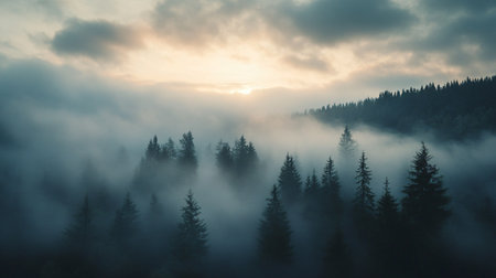 The sky is a mix of blue and orange, with the sun peeking through the clouds. The trees are covered in fog, creating a mysterious and serene atmosphereの素材