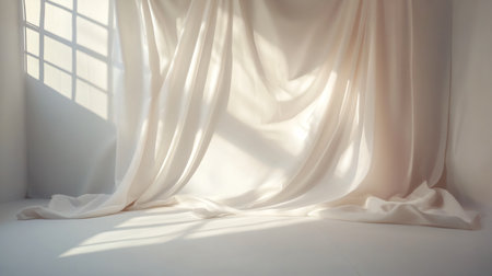 A white room with a curtain hanging from the ceiling. The curtain is white and it is open, letting in sunlight. The room is empty and the curtain is the only thing in the roomの素材