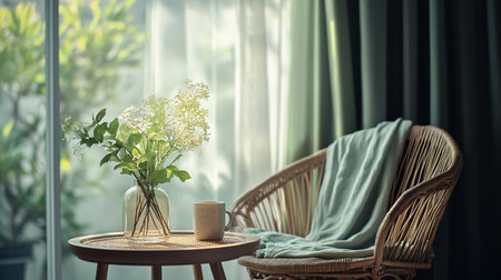 A wicker chair with a green blanket draped over it sits in front of a window with a vase of flowers on a table. The scene is peaceful and inviting, with the sunlight streaming in through the windowの素材