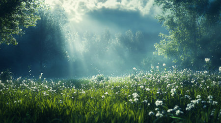 A beautiful, sunlit field of grass with trees in the background. The sun is shining brightly, casting a warm glow over the scene. The grass is lush and greenの素材