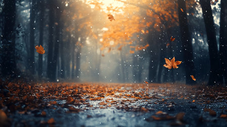 A forest with leaves falling and a light rain. The leaves are falling in the air and the ground is wetの素材